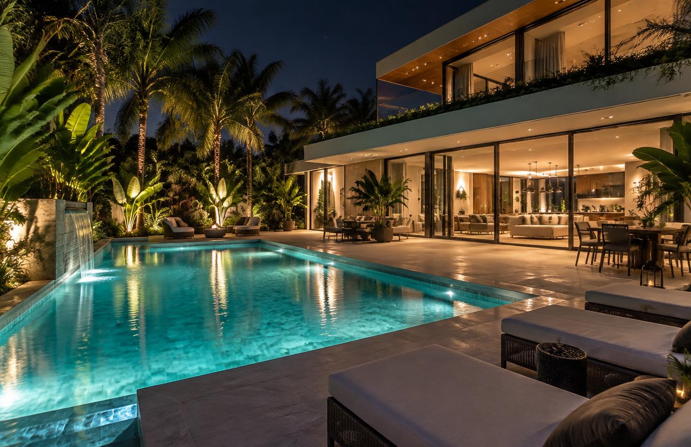 Proposed luxury home pool and patio at night